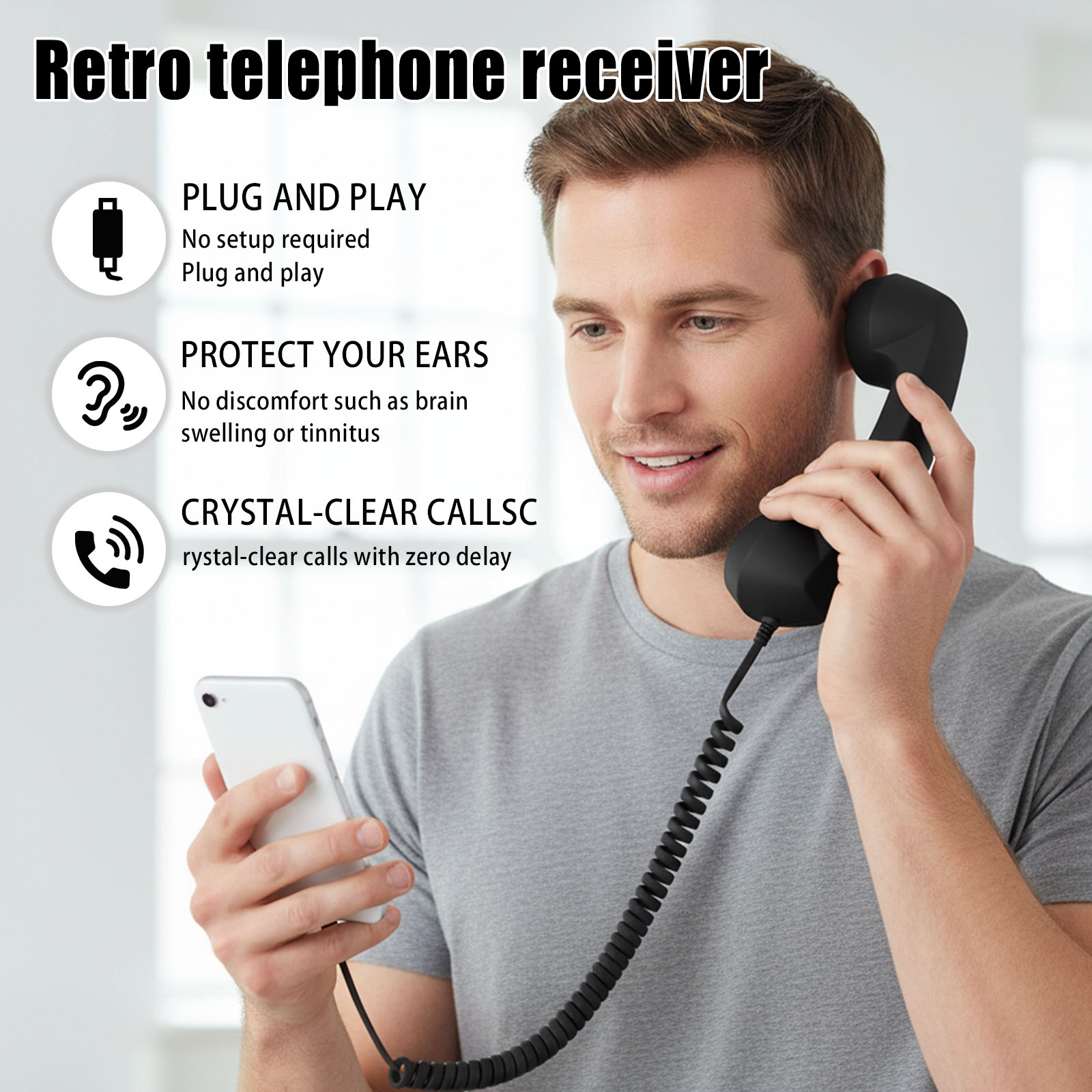 Retro Handset Phone - Aparelho de Telefone Retrô Ergonômico, Receptor